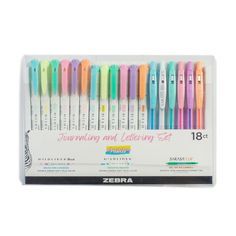 the zebra pen is in its display box with different colors and designs on it's side