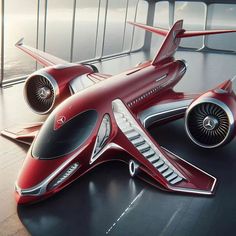 a red model airplane sitting on top of a wooden floor next to a large window