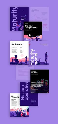 several different types of brochures on purple background