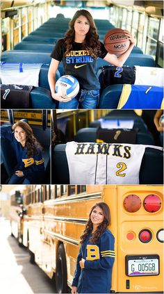 a woman is posing in front of a school bus with her basketball and volleyball ball