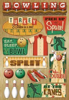 a wooden board with different types of bowling related items on it and the words bowling spelled in large letters