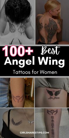 the top 100 best angel wing tattoos for women on her chest and back are shown