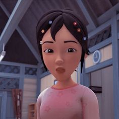 an animated woman with black hair and pink shirt