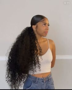 Up Hair Dues For Prom, Ponitalli Hairstyle Curly Hair, Middle Part Ponytail Weave Curly, Curly Genie Ponytail, Middle Part Curly Ponytail, Fluffy Ponytail Black Women, Big Ponytail Hairstyles, High Ponytail With Curls, Puffy Ponytail Hairstyles Black Women