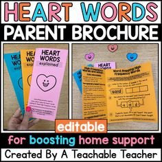 the heart words parent brochure is shown in three different colors and font options