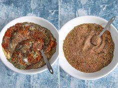 two bowls filled with different types of spices and seasoning on top of each other