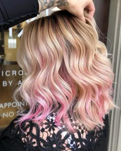 Pink And White Hair Color, Blond And Pink Highlights, Blond With Color, Light Pink Streaks In Blonde Hair, Short Blonde Hair With Color Peekaboos, Pink Peekaboo Highlights Blonde, Pink In Blonde Hair, Cool Hair Color Ideas For Blondes, Rose Gold Highlights Blonde