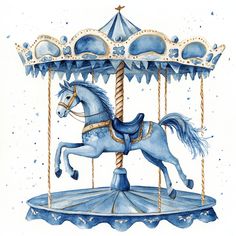 a watercolor painting of a blue carousel with a horse on it's back