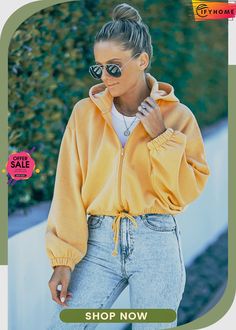 Yellow Zip Closure Drawstring Cinched Cropped Hoodie Drawstring Detail, Autumn Sleeve, Normal Body, Romper And Jacket, Picture Style, Yellow Hoodie, Zip Hoodies, Cropped Sweatshirt, Crop Sweatshirt