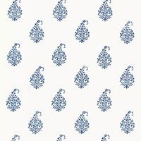 blue and white wallpaper with an ornate design on it's side, in the shape of a heart