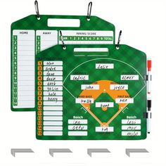 two green clipboards with baseball field names and numbers on them, one is for each team