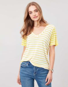 Lola stripe null V Neck T Shirt , Size US 16 | Joules US Striped Tee Outfit, Rainy Day Fashion, Stripe T Shirt, Tee Outfit, Rain Wear, Striped Tee, T Shirt Top, Linen Blend