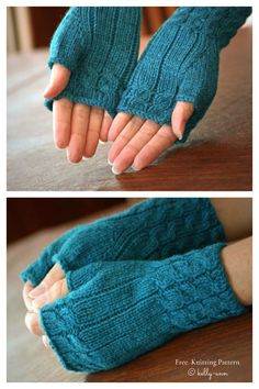 two pictures of hands with blue knitted mitts on them, one showing the fingers and