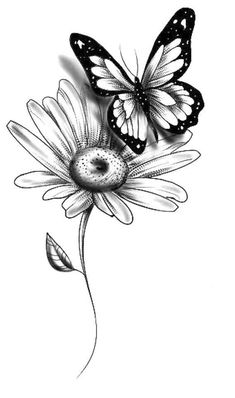 a black and white drawing of two butterflies sitting on a flower with petals in the foreground