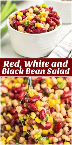 red, white and black bean salad in a bowl