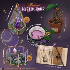 an advertisement for the halloween mystic hour with various items and decorations on display in glass containers