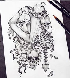 a drawing of a woman holding a skeleton in her arms with roses and bones on it