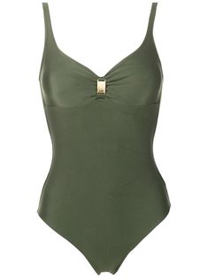 olive green stretch-design gold-tone logo plaque spaghetti straps sweetheart neck sleeveless open back rear clasp fastening Be mindful to try on swimwear over your own garments. Swimming Clothes, Honeymoon Wear, Dress Reference, Gorgeous Images, Swimsuit Green, Green Bathing Suits, Beautiful Bathing Suits, Ruched Swimsuit, Orange Swimsuit