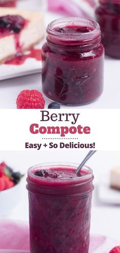 berry compote in a mason jar with raspberries on the side