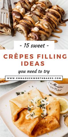 crepes filled with cheese and sauce on a plate next to lemon wedges