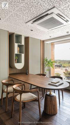 a dining room table and chairs in front of a large window