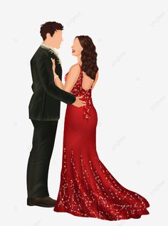 a man in a tuxedo and a woman in a red dress dance together