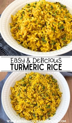 two bowls filled with yellow rice on top of a wooden table