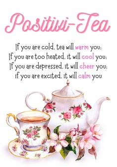 a greeting card with a teapot and cup on it, which reads positiv - tea if you are cold, tea will warm you if you