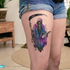 Skin Color Tattoos, Colour Tattoo For Women, Catrina Tattoo, Hyper Realistic Tattoo, Grim Reaper Tattoo, Reaper Tattoo, Tatuaje A Color, Skull Tattoos