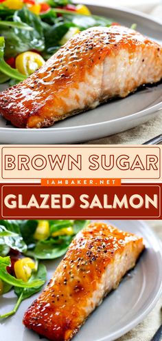 two white plates with salmon and salad on them, one has brown sugar glazed salmon