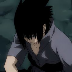 an anime character with black hair sitting down and looking at his hand on his face