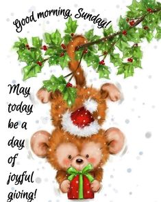 a christmas card with a teddy bear hanging from a tree