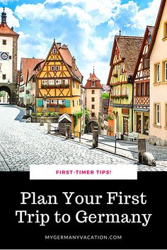 a cobblestone street in germany with the words plan your first trip to germany