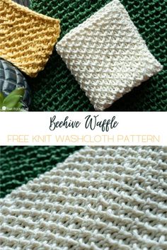 three different knitted dishcloths with text overlay that reads, bebewe waffle free knit wash cloth pattern