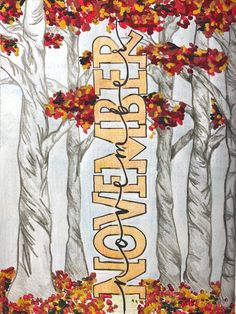 a drawing of trees and leaves with the words happy new year written in large letters