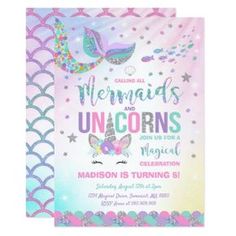 mermaid birthday party card with an image of a unicorn on it