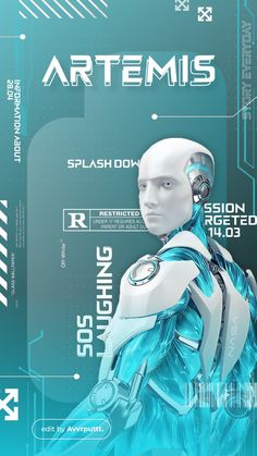 a futuristic robot with headphones on and text reading artemus splash book rising star