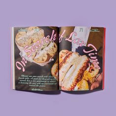 an open book with sandwiches on it and the title's page is in pink