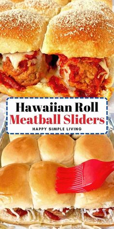 hawaiian roll meatball sliders with red spatula in the middle and text overlay that reads hawaiian roll meatball slides happy simple living