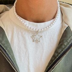 Y2k 2000s Grunge Pearl Star Pendant Necklace These Chains Are Unisex :)! Pearl Chain Brand New Men’s Pearl Chain, White Star Charm Necklace For Party, White Necklace With Star Charm For Party, Trendy White Star Necklace, Black Stainless Steel Necklace, 2000s Grunge, Y2k Necklace, Skull Pendant Necklace, Hand Necklace