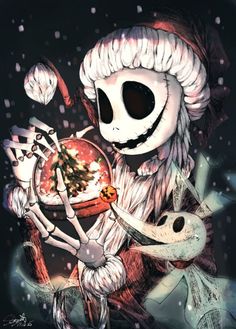 a skeleton holding a christmas ornament in its hand and wearing a santa claus hat