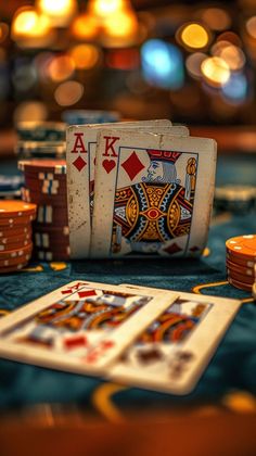 playing cards and chips on a table with blurry lights in the background