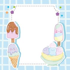 an ice cream and popsicle frame on a blue checkered background