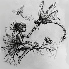 Illuminated Fairy Tattoo Kit Fairy Tattoo On Thigh, Garden Fairy Tattoo Designs, Book Fairy Tattoo, Dragonfly Fairy Tattoo, Whimsical Forest Tattoo, Fairy Sitting On Mushroom Tattoo, Pixie Fairy Tattoo Ideas, Fairy Garden Tattoo Ideas, Vintage Fairy Tattoo