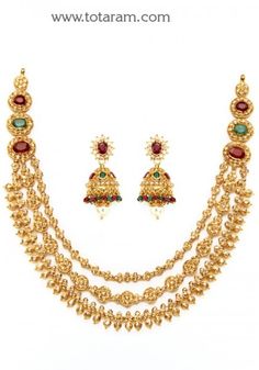 22K Gold Necklace & Drop Earrings Set with Uncut Diamonds - 235-DS457 in 67.350 Grams 22 Karat Gold Jewelry, Indian Gold Jewellery Design, Uncut Diamond Necklace, Indian Diamond Jewellery, Indian Gold Jewelry, 22k Gold Necklace, Temple Jewelry Necklace, Gold Necklace Indian, 22k Gold Jewelry