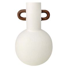 a large white vase with brown handles on a white background, it has a round shape and is decorated with wood accents