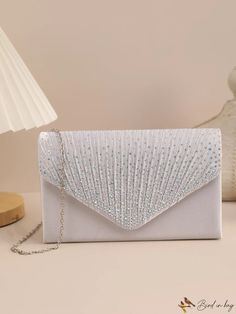 BirdinBag - Pleated Envelope Bag with Rhinestone Embellishments - Compact and Chic Beautiful Purses, Silver Party, Bride Jewelry