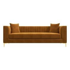 a brown couch with gold legs and pillows on it's back end, against a white background