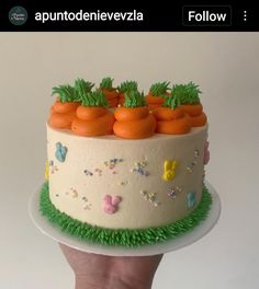 a hand holding a cake with carrots on it