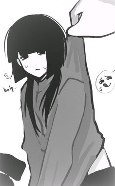 a drawing of a girl with long black hair, wearing a hoodie and holding her arm up